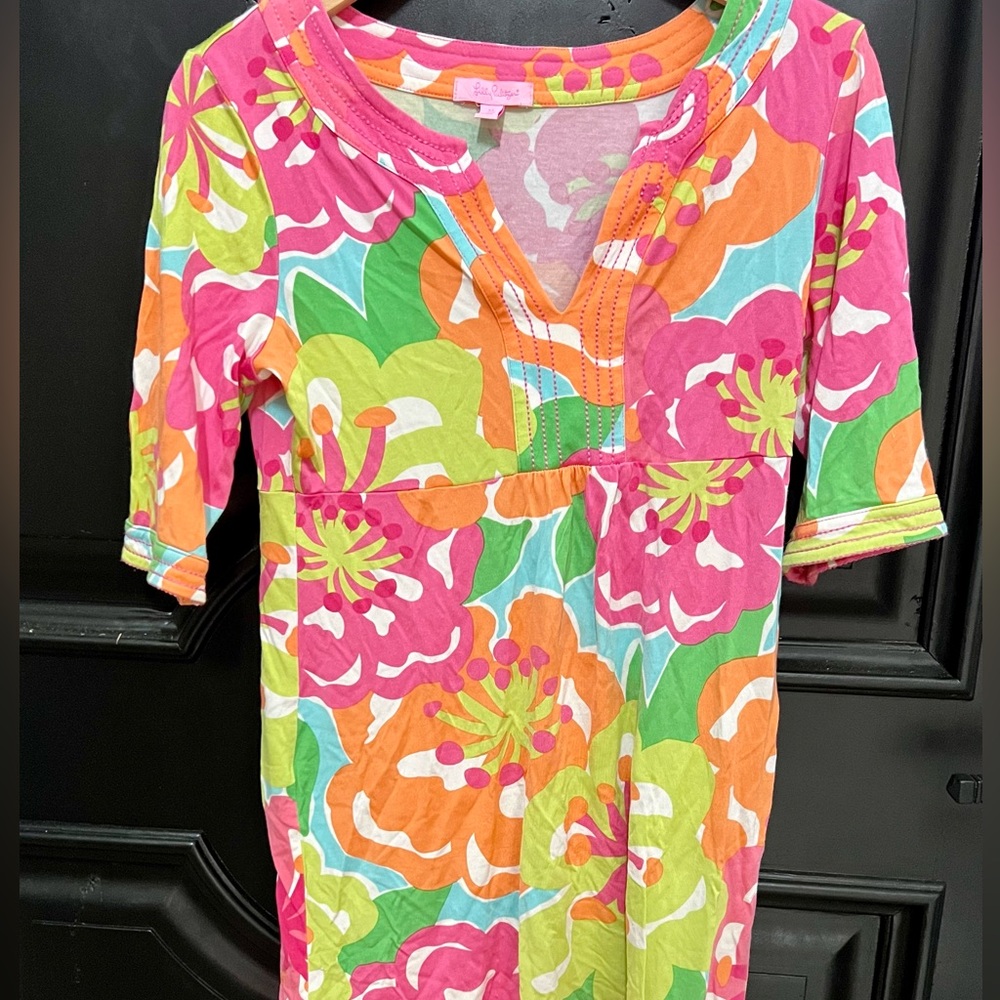 Lilly Pulitzer Floral Print Cotton 1/4 Sleeve Dress Orange/Pink/Green Medium